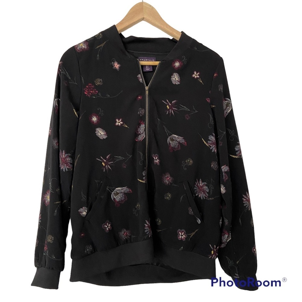AMARYLLIS BLACK/FLORAL LIGHTWEIGHT BOMBER STYLE JACKET WITH GOLD ZIPPER, SMALL